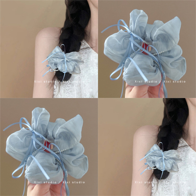 蓝色蝴蝶珍珠大肠发圈缎面头绳