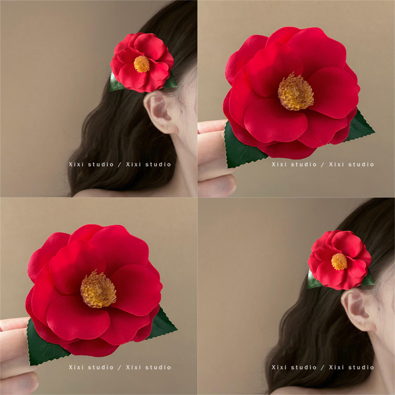 新年红色山茶花发夹高级感侧边发夹花朵发卡2026新款拍照头饰发饰