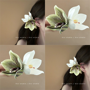 蕉园岛屿！蕙兰花复古发夹！仿真气质丸子头侧边夹盘发器头饰新品