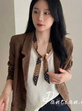 高级感咖色腰果花丝巾项链女串珠