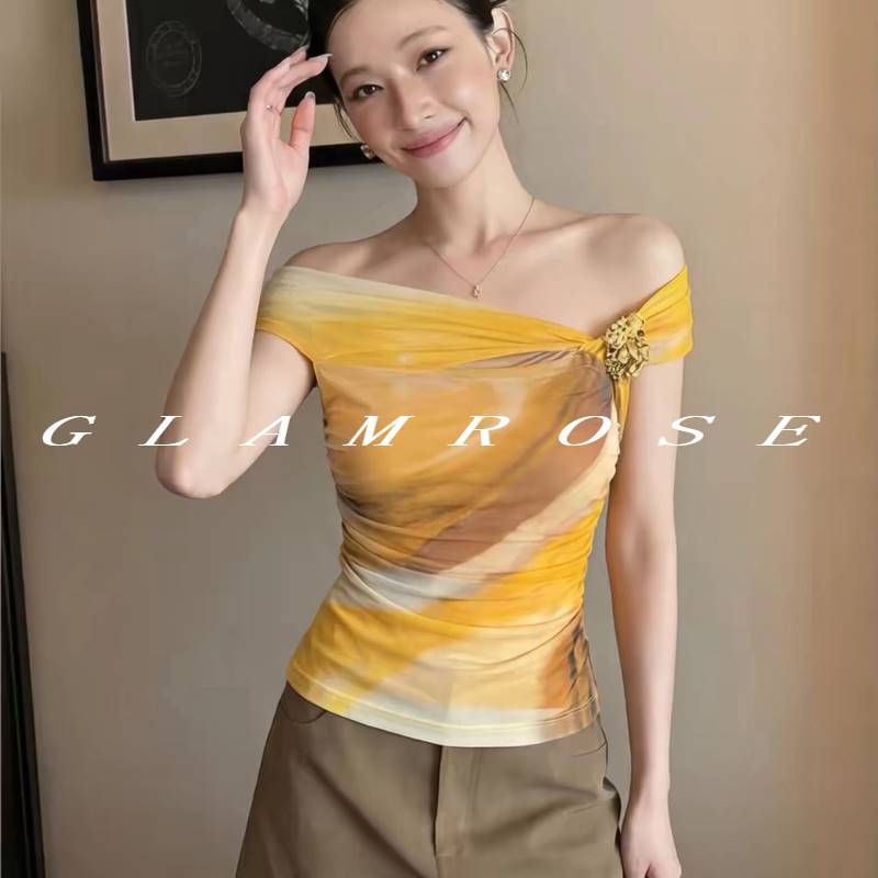 通勤风一字肩扭结A字袖T恤女