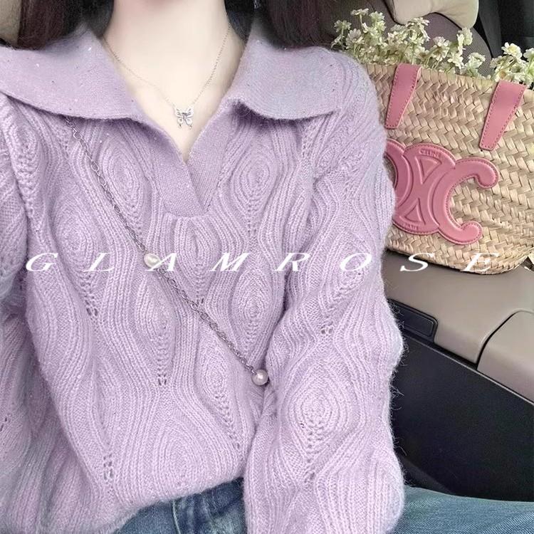 紫色POLO领镂空软糯宽松毛衣女