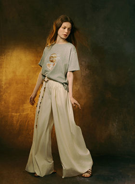 INGE 斯卡恩海滩柔和月光黄慵懒透气廓形垂坠抽褶阔腿宽松长裤