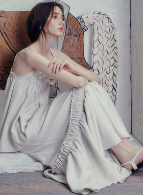 INGE 冷灰色天丝麻度假风清冷感宽松A字长裙拼接下摆极简半身裙