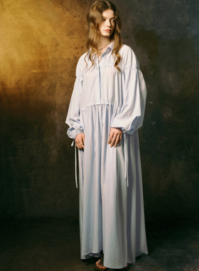 INGE 浅蓝柔软亲肤压褶落肩抽绳系带宽松长裙