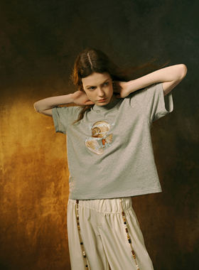 INGE 海螺物语原创高级灰手绘海螺贝落肩松弛感宽松半袖短袖T恤