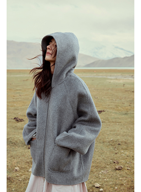 INGE暮霭灰澳毛骆驼绒高级大廓形插肩袖双拉链连帽大衣双面呢外套