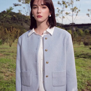 INGE 静谧蓝绒呢金色质感金属扣极简圆领小香风外套