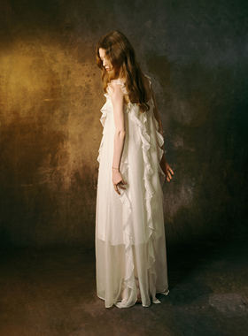 INGE 维纳斯夜曲白色浪漫法式度假荷叶边抹胸双层可调节吊带长裙