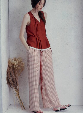 INGE 勃肯红格纹抽绳百搭宽松插袋腰头拼接休闲宽松长裤