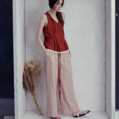 勃肯红格纹抽绳百搭腰头拼接长裤