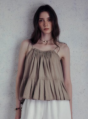 INGE 浅褐棉麻穿孔抽褶荷叶边拼接极简北欧风百搭小吊带上衣