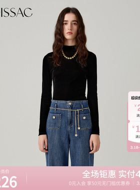 MOISSAC摩萨克冬植绒黑色套头修身打底衫内搭T恤女
