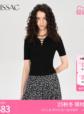 商场同款 摩萨克秋款修身V领领口系带短袖修身针织上衣女