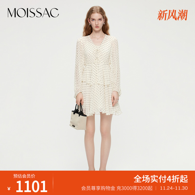 摩萨克2025夏新款甜美赫本风法式波点荷叶边灯笼袖雪纺连衣裙女