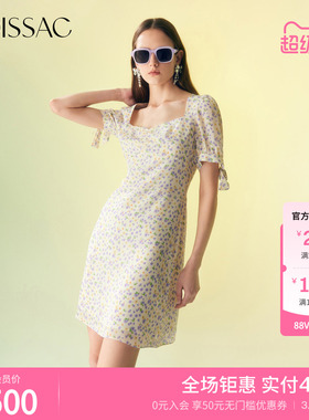 摩萨克夏季法式紫黄碎花印花方领泡泡袖修身收腰短款连衣裙女