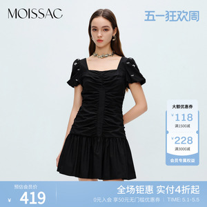 摩萨克夏季法式抽褶刺绣减龄短袖泡泡袖方领印花收腰连衣裙女