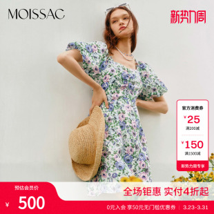 短款 紫蓝玫瑰碎花印花泡泡袖 连衣裙女 亚麻法式 摩萨克夏季