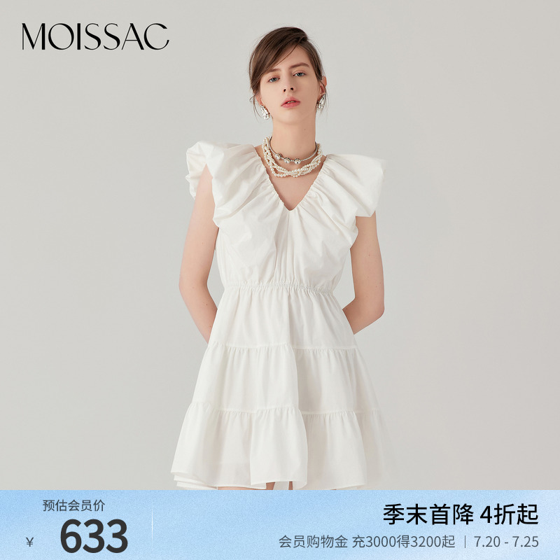 商场同款 摩萨克夏棉小飞袖V领收腰抽褶皱法式白月光连衣裙女
