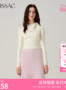 摩萨克冬款圆领蝴蝶结绑带法式短款修身套头毛针织衫上衣女