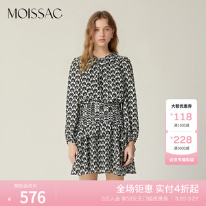 商场同款 摩萨克春新品X型法式浪漫黑天鹅图案抽褶连衣裙女