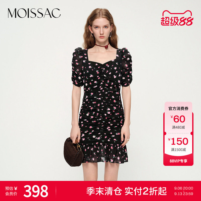 方领修身法式印花连衣裙图片