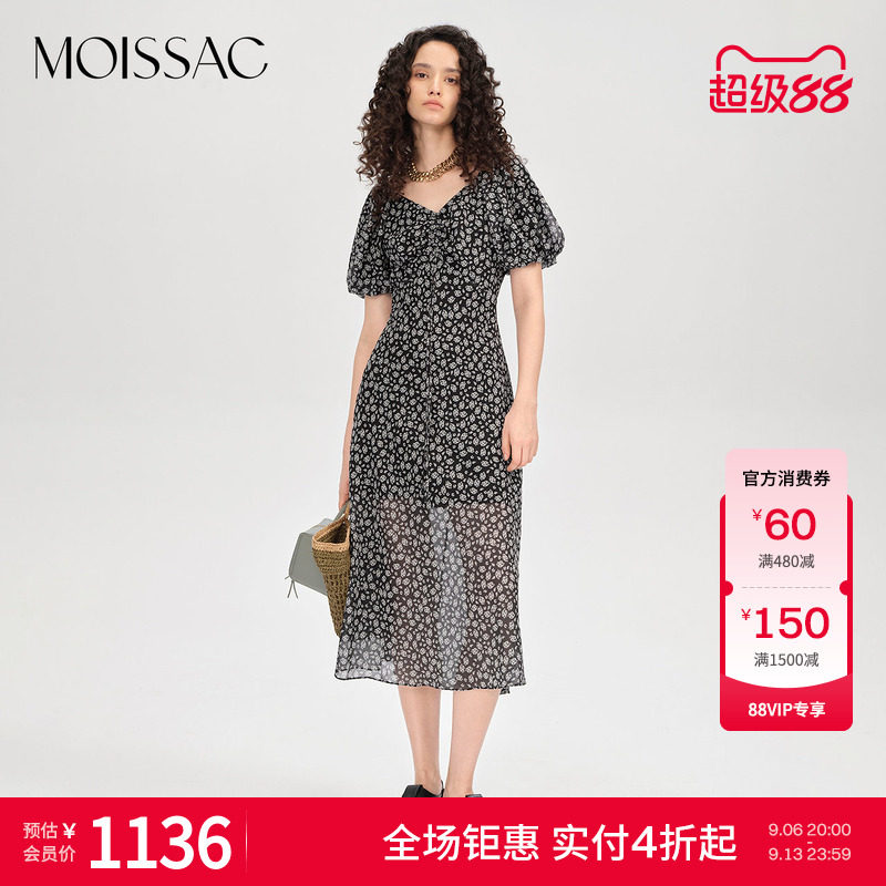 MOISSAC商场同款 摩萨克秋季V领腰果花法式收腰茶歇长款连衣裙女图片