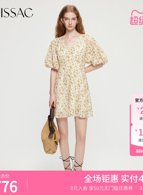 摩萨克夏款南法田园碎花五分泡泡袖收腰中短款连衣裙女