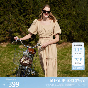 摩萨克夏季法式方领泡泡袖露腰连衣裙女