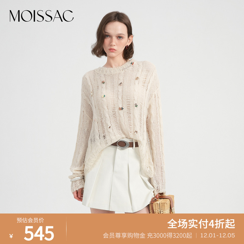 花朵刺绣圆领长款长袖针织套头衫