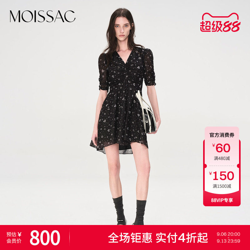 商场同款 摩萨克夏款抽褶钻石印花短款连衣裙