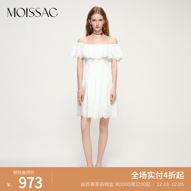 摩萨克2025夏新款棉混纺波西米亚风荷叶边一字肩短款连衣裙女