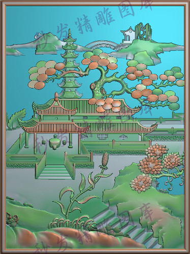 新款精雕图jdp灰度图浮雕图宝塔凉亭松树山水背板柜门板235x315