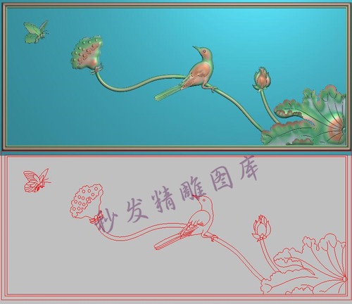 花鸟荷花床中背板精雕图灰度图翠鸟浮雕蝴蝶莲花横板挡板719x318