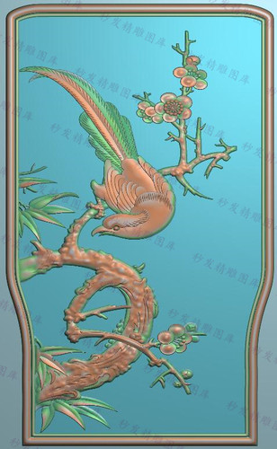 精雕图檀雕花鸟梅花餐椅靠背浮雕图新竹子梅花凤凰背板竖243x401