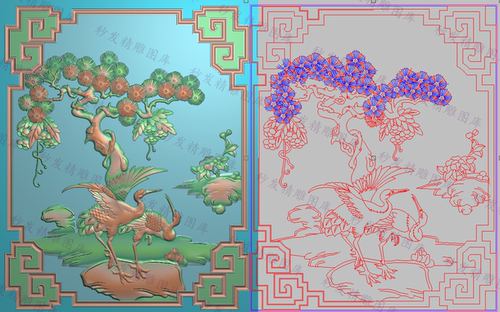 精雕图檀雕花鸟松鹤门板灰度图浮雕精品山水松针松鹤背板286x356