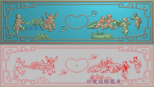 新款精雕图浮雕山水百子床头柜抽斗围板抽屉扣手蝙蝠童子594x171