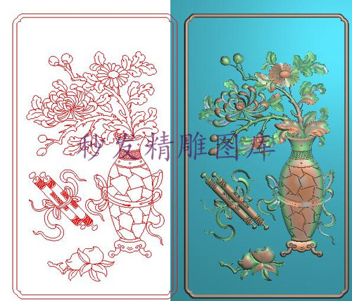 精雕图卷书寿桃灰度图浮雕图博古架书柜门板背板菊花花瓶141x250
