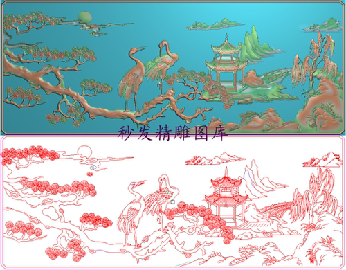 精雕图松鹤延年办公台前挡板浮雕图仙鹤祥云山水大背板横768x299