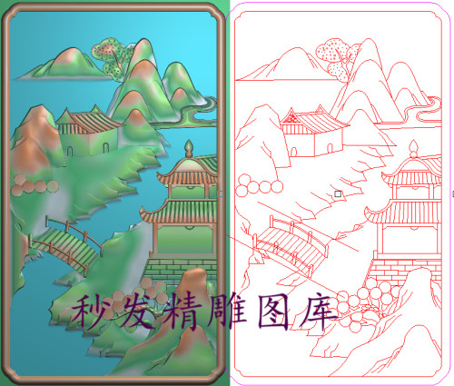 新款精雕图灰度图浮雕精品山水楼阁房子沙发小背板柜门板127x216