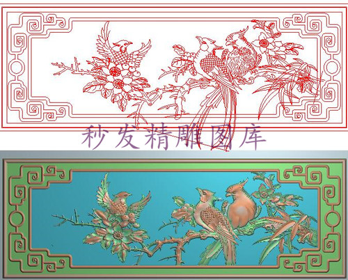 精雕图茶花竹子凤凰扶手侧板灰度图浮雕精品花鸟扶手下花454x158