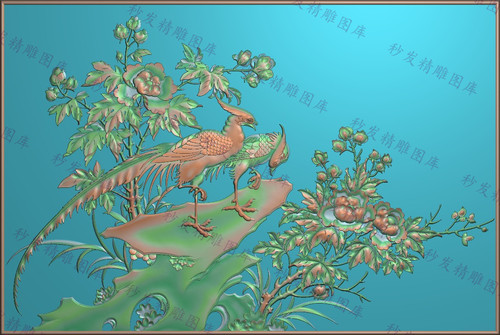 花鸟牡丹花精雕图锦鸡浮雕图灰度图牡丹凤凰背板挡板门板710x476