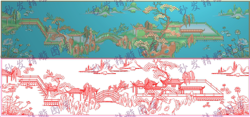 精雕图凉亭柳树松树拱桥荷花山水景韵沙发罗汉床靠背板1470x340