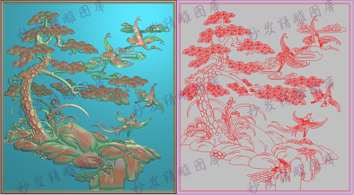 精雕图浮雕松树兰花山水仙鹤凤凰花鸟背板门板后面板849x937深10