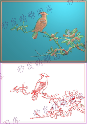 茶花牡丹花海棠花鸟灰度图靠背板门板精雕图399x284沙发大床浮雕