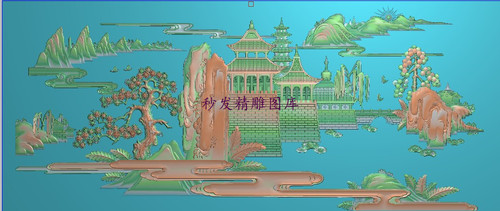 山水大床靠背精雕图灰度浮雕宝塔楼阁松树祥云山水背板横1057x447