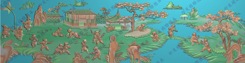 百子床大背板精雕图jdp童子人物松树枫树山水沙发靠背办公茶台侧