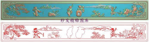 精雕图童子山水松树寿桃抽斗灰度图浮雕精品百子长围板横板745x97
