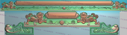 精雕图狮子戏球飘带脑灰度图浮雕吉祥麒麟沙发床椅靠头加如意耳朵