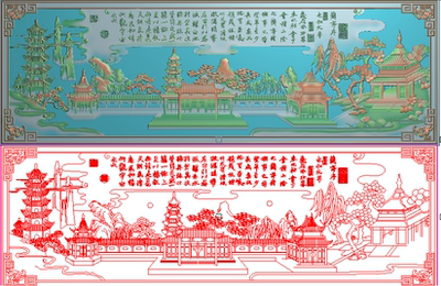 兰亭序诗词山水精雕图灰度图浮雕楼阁宝塔凉亭沙发床背板948x314